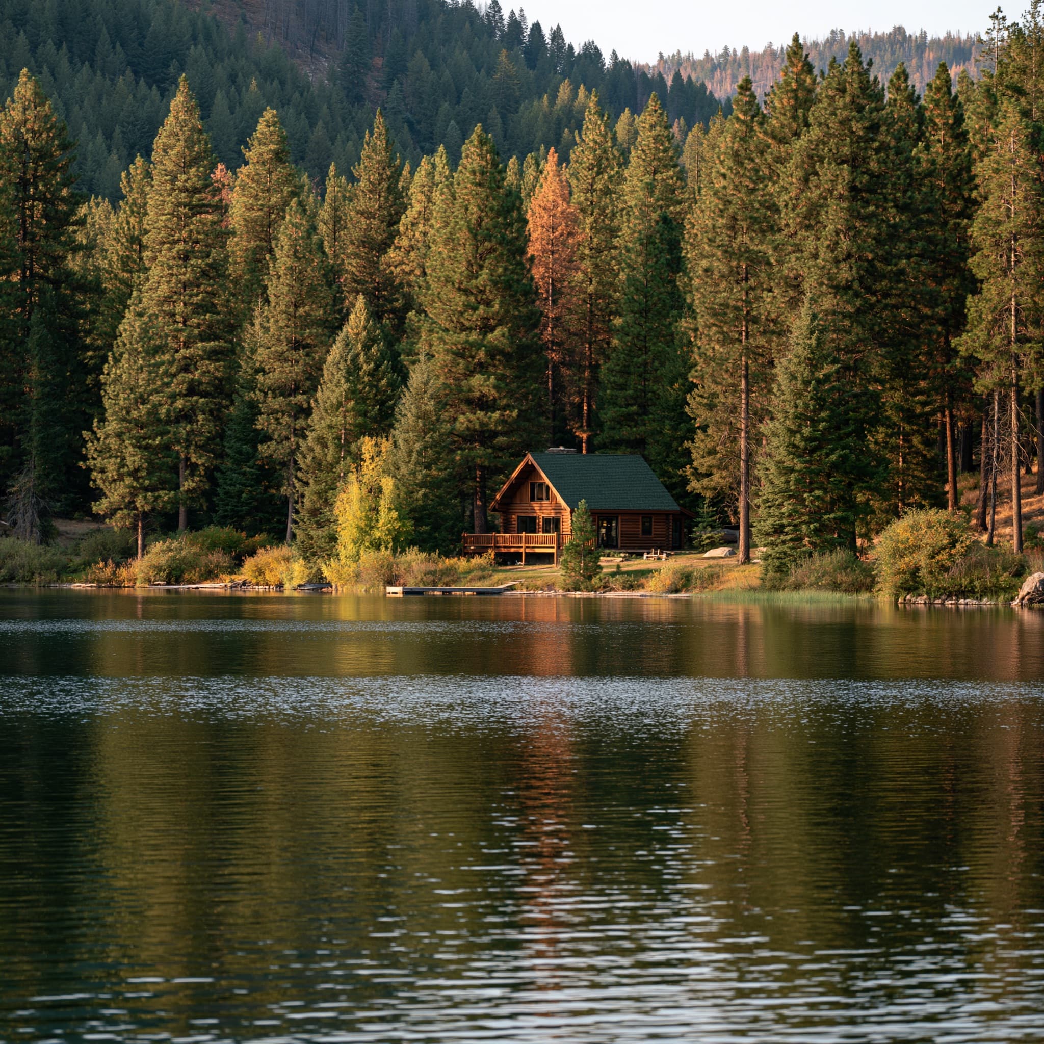 A still mountain lake ringed with pines, a timber cabin on the far shore