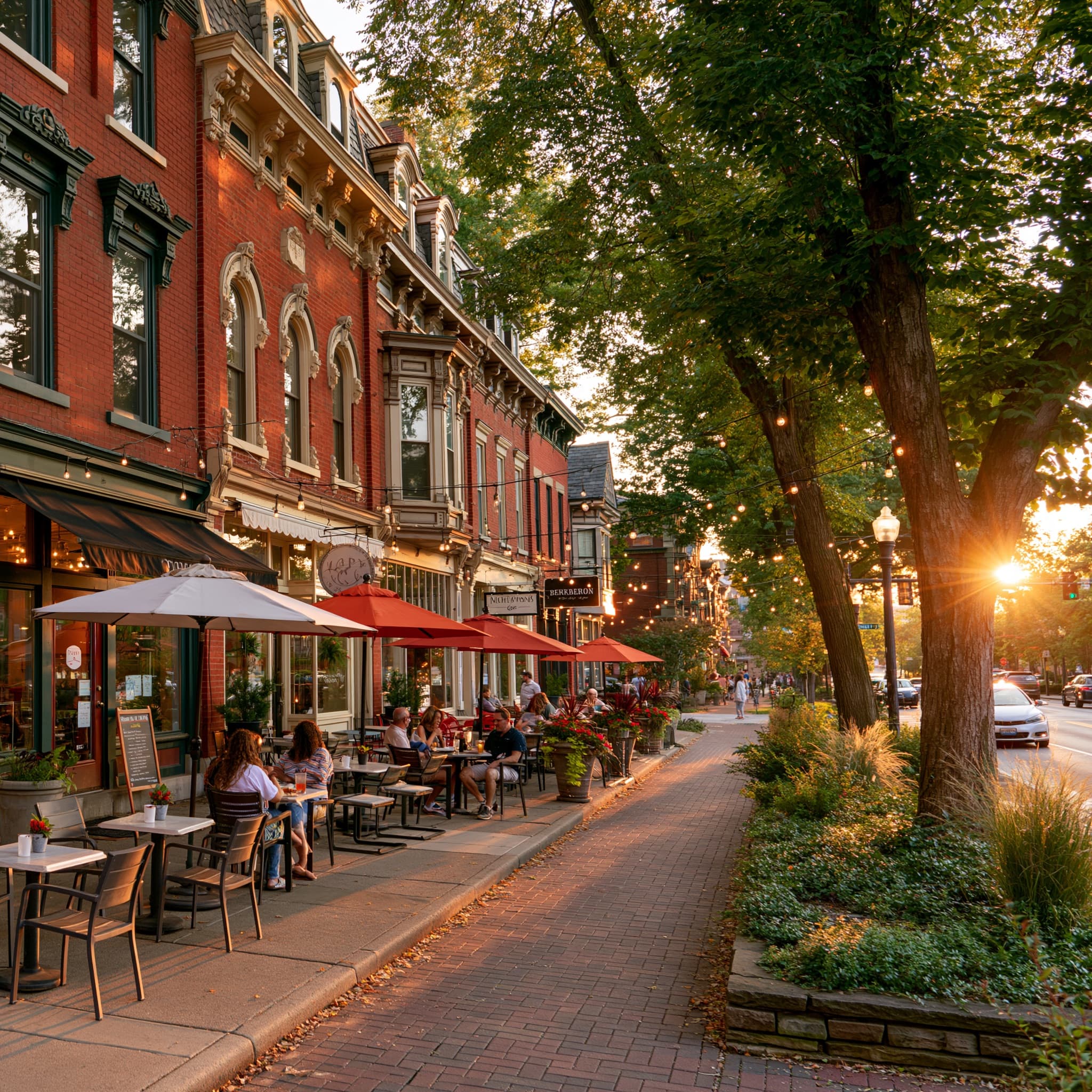 A tree-lined street of red brick storefronts with cafe tables on the pavement in evening light